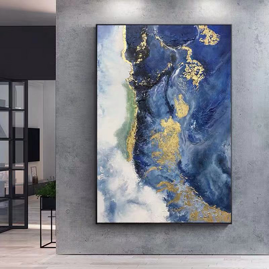 Elegant Blue Waves: Abstract Oil Painting of Serene Ocean Scenery