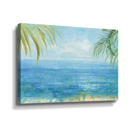 Tropical Ocean Bliss: Vibrant Sea and Lush Foliage Oil Painting