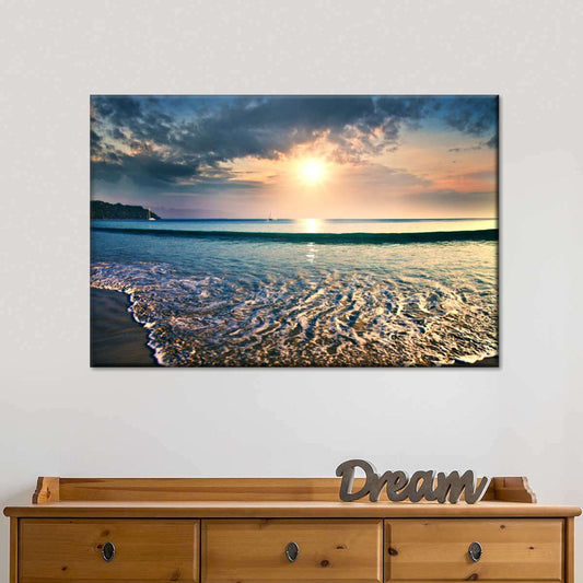 Stunning Large Oil Painting of Serene Sunset Over Ocean Waves