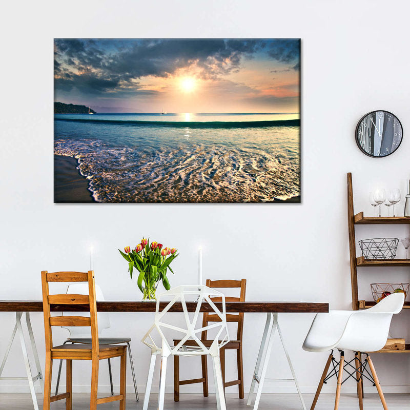 Stunning Large Oil Painting of Serene Sunset Over Ocean Waves