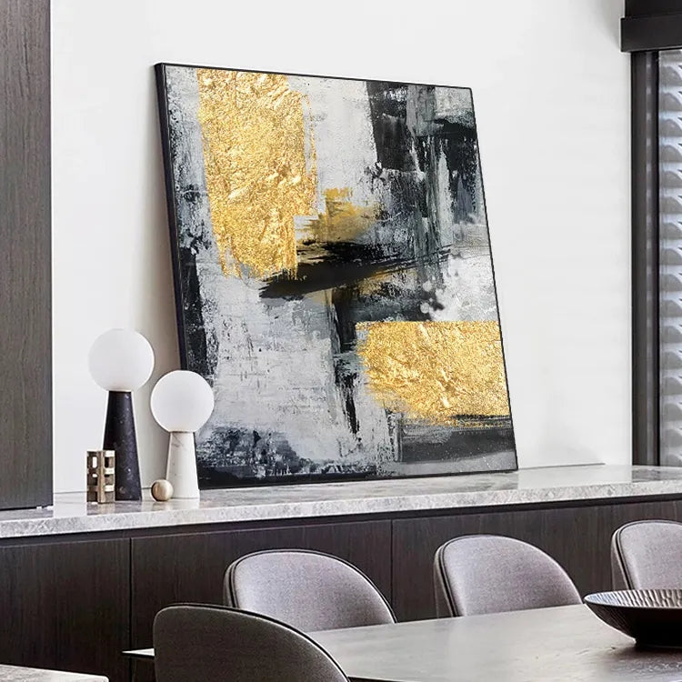 Abstract Gold and Gray Modern Oil Painting for Elegant Home Decor