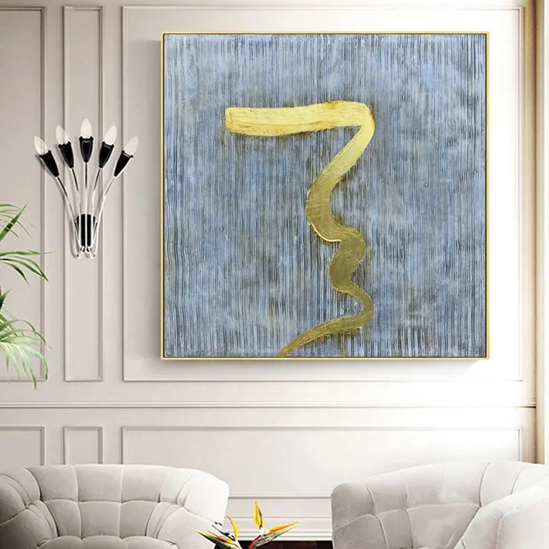 Abstract Gold Line on Blue Canvas - Modern Oil Painting for Contemporary Decor