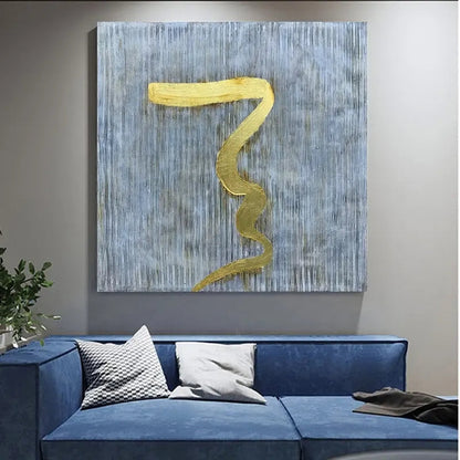 Abstract Gold Line on Blue Canvas - Modern Oil Painting for Contemporary Decor