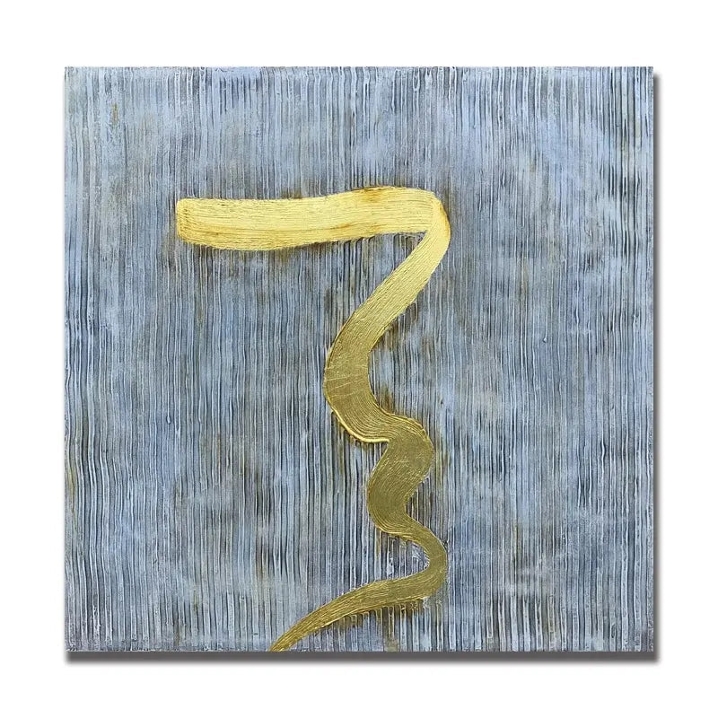 Abstract Gold Line on Blue Canvas - Modern Oil Painting for Contemporary Decor