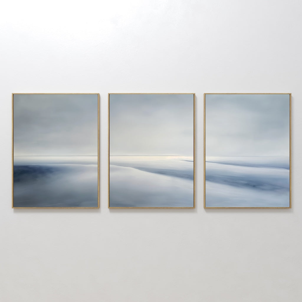 Tranquil Seascape Triptych - Calming Blue and Gray Oil Paintings for Modern Decor