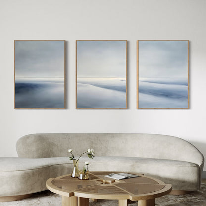 Tranquil Seascape Triptych - Calming Blue and Gray Oil Paintings for Modern Decor