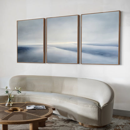 Tranquil Seascape Triptych - Calming Blue and Gray Oil Paintings for Modern Decor