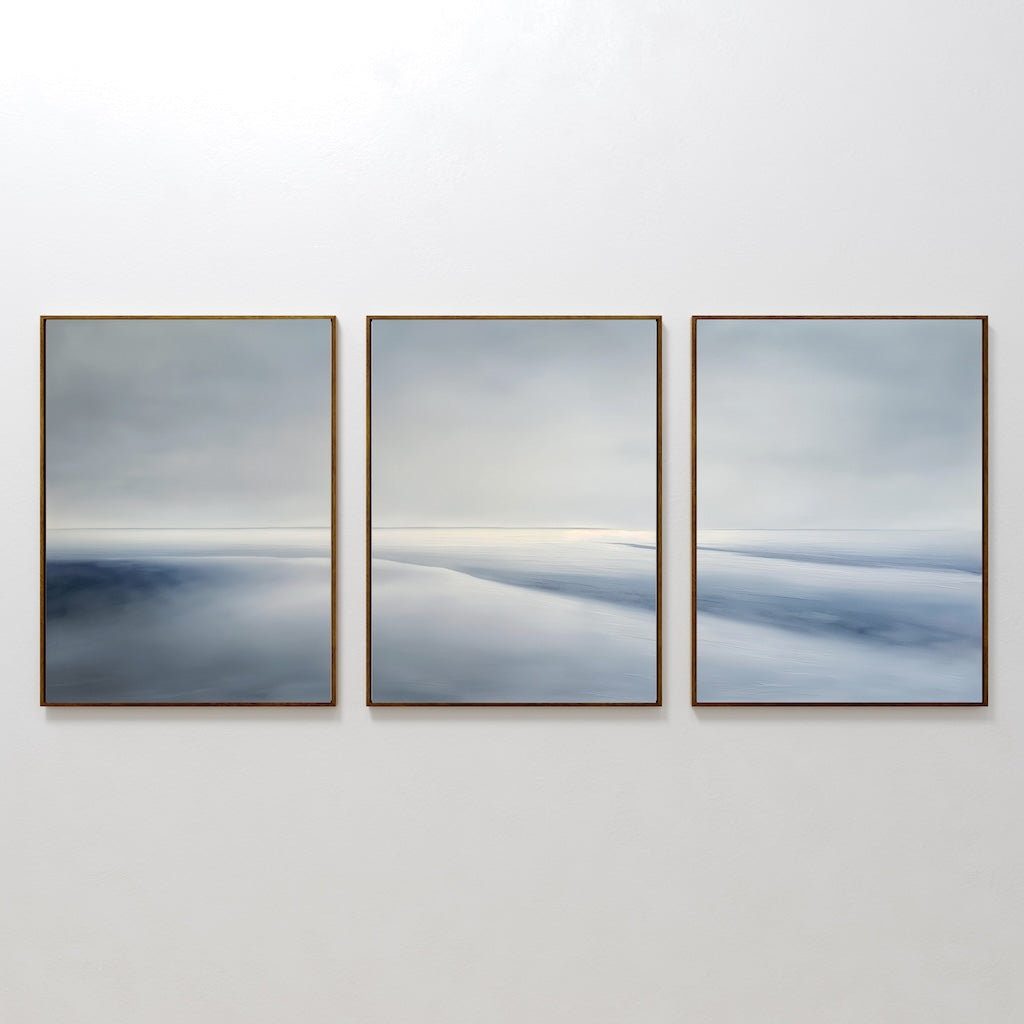 Tranquil Seascape Triptych - Calming Blue and Gray Oil Paintings for Modern Decor