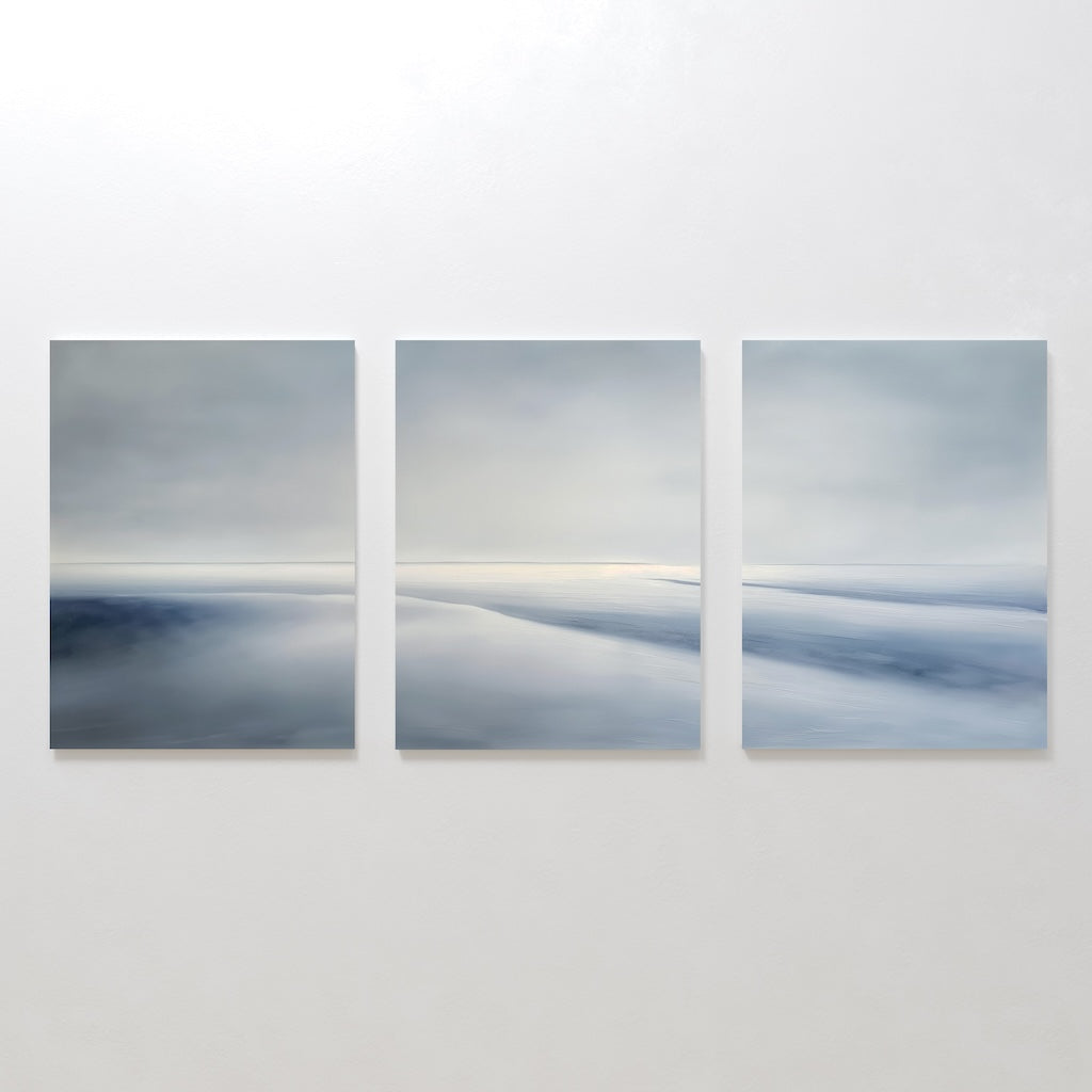 Tranquil Seascape Triptych - Calming Blue and Gray Oil Paintings for Modern Decor