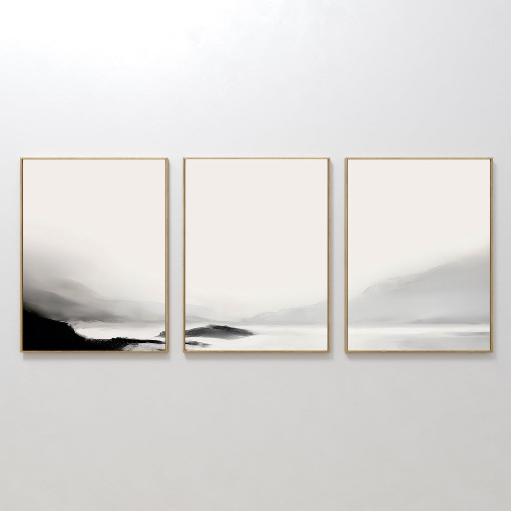 Tranquil Mountain Landscape Triptych - Elegant Black and White Oil Painting Set