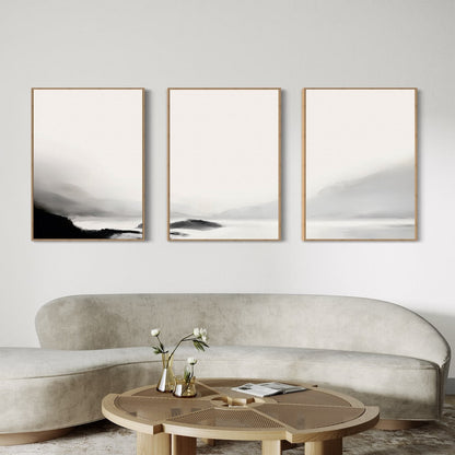 Tranquil Mountain Landscape Triptych - Elegant Black and White Oil Painting Set