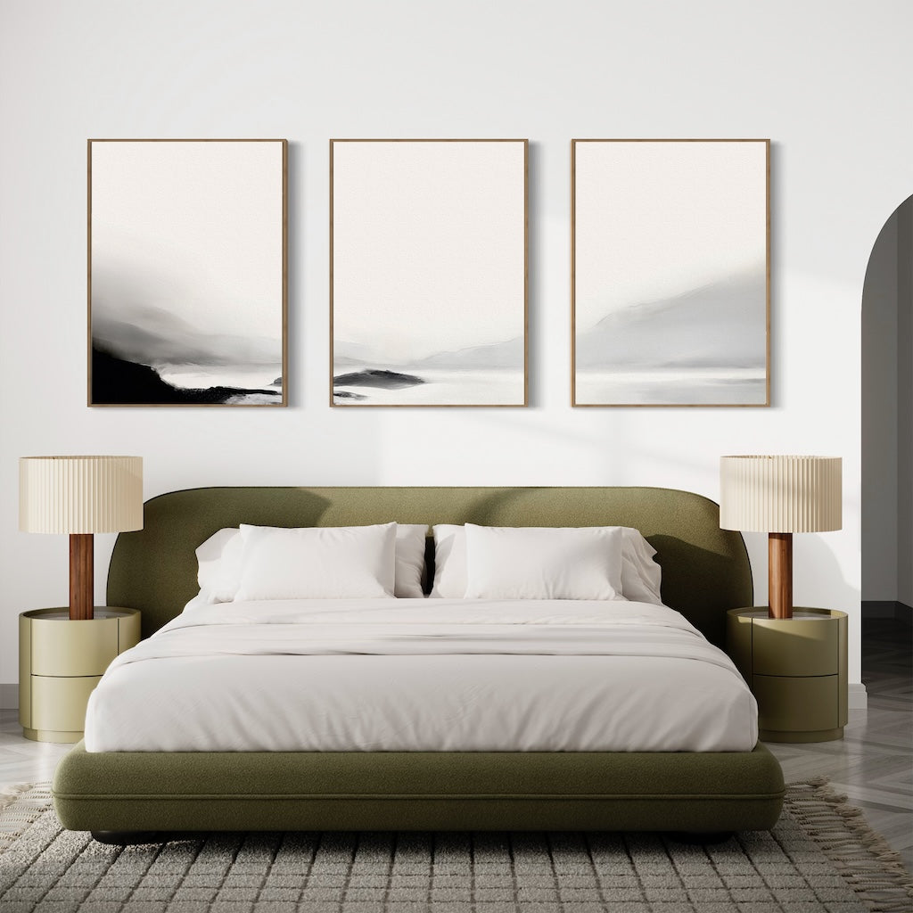 Tranquil Mountain Landscape Triptych - Elegant Black and White Oil Painting Set