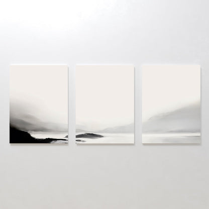 Tranquil Mountain Landscape Triptych - Elegant Black and White Oil Painting Set