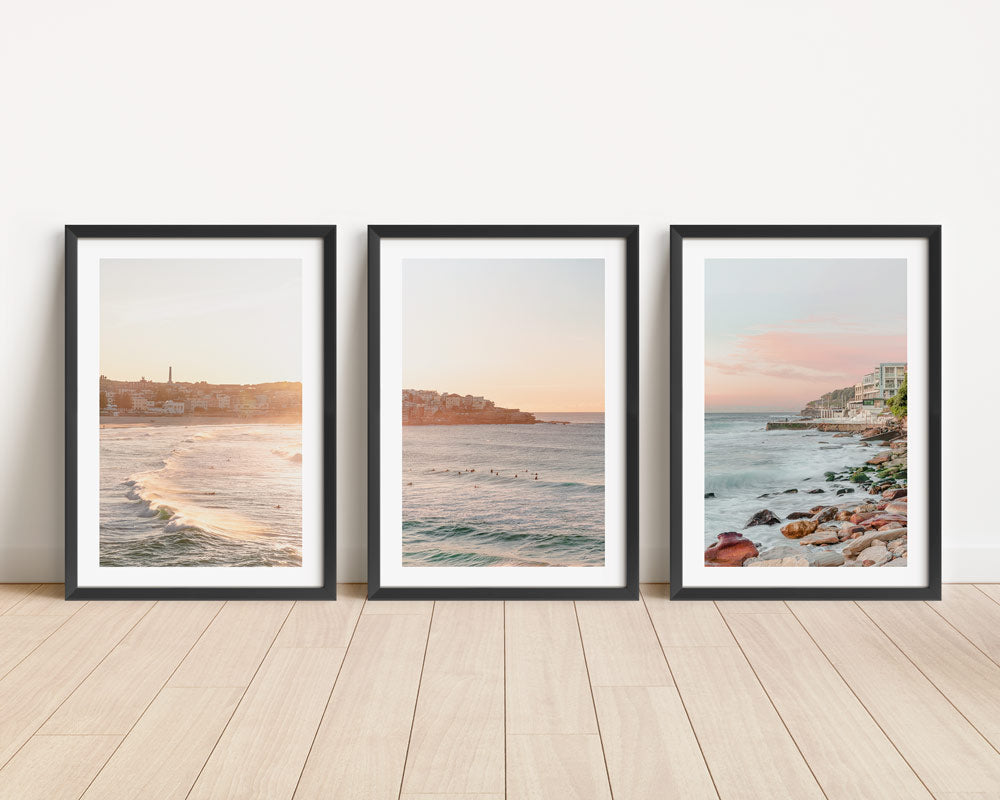 Tranquil Bondi Beach Sunset: Coastal Waves Oil Painting Trio