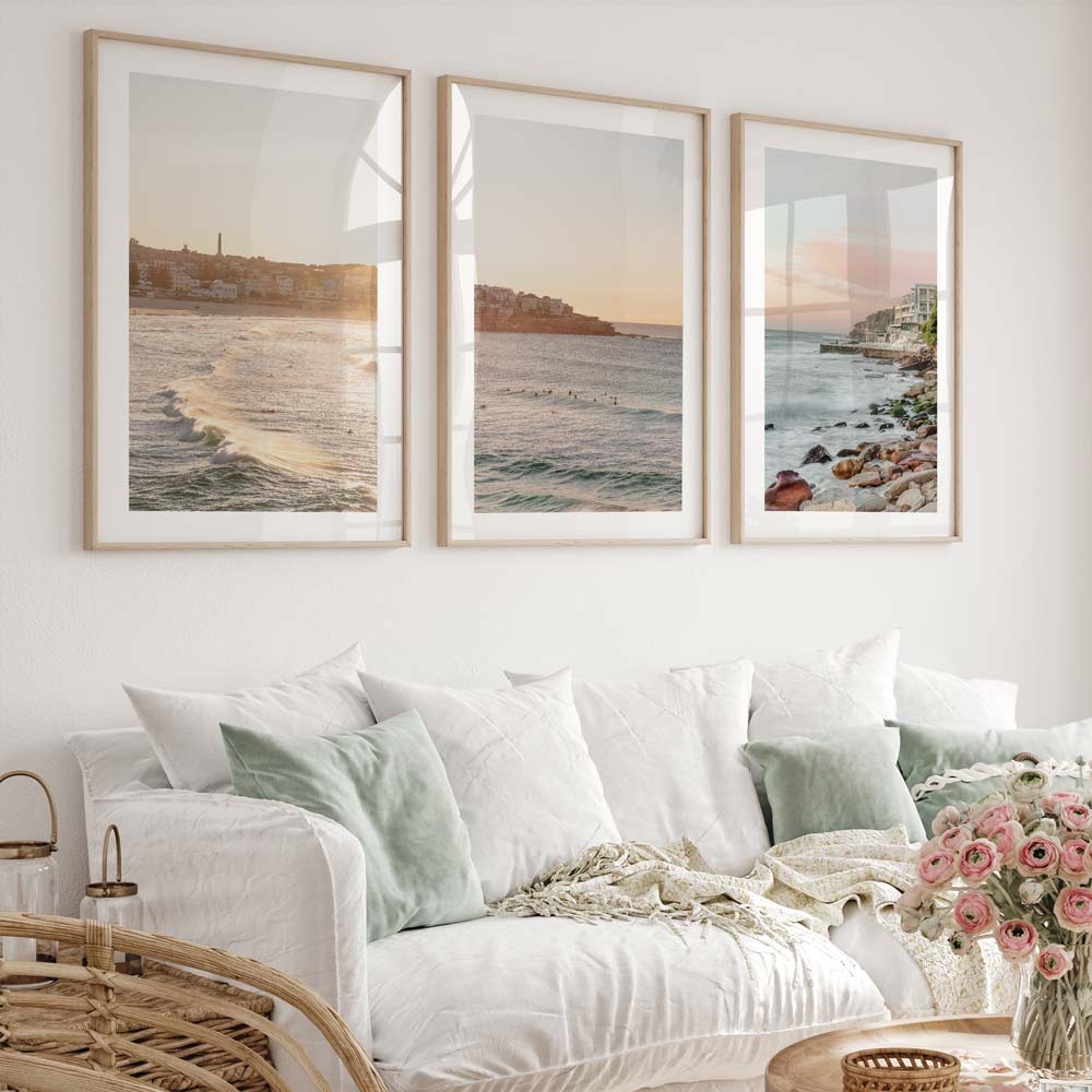 Tranquil Bondi Beach Sunset: Coastal Waves Oil Painting Trio