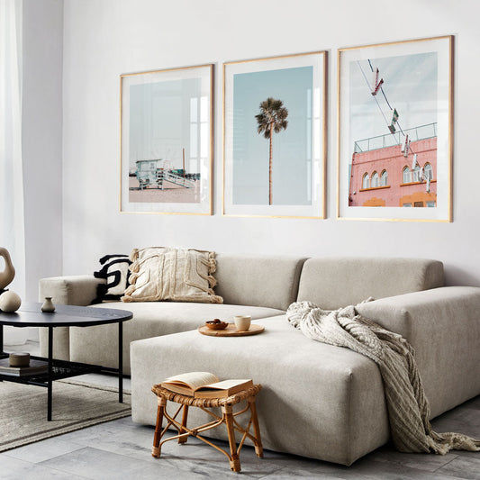 Coastal Serenity: Santa Monica, Palm Oasis, and Venice Beach Art Triptych