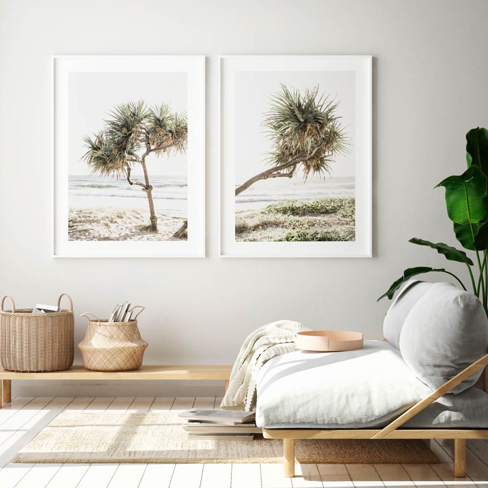 Serene Beach Landscape with Pandanus Tree – Coastal Oil Painting for Home Decor