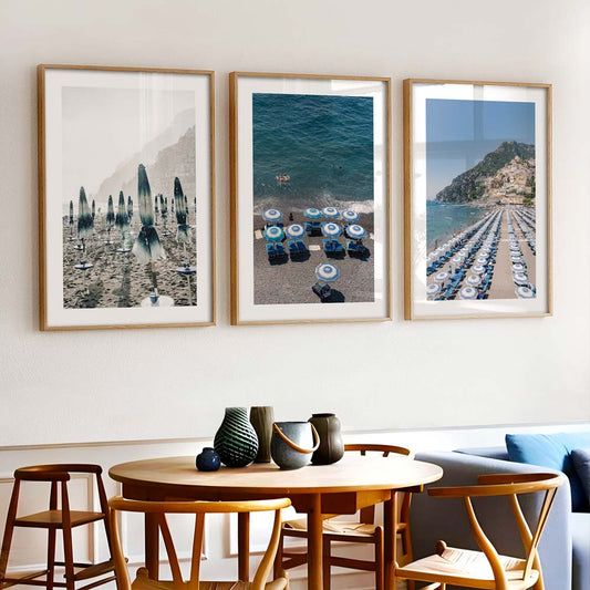 Coastal Serenity: Stunning Beach Umbrellas and Relaxing Waterscapes Trio