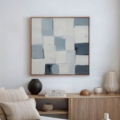 Abstract Oil Painting in Soft Blue and White Geometric Design for Modern Decor