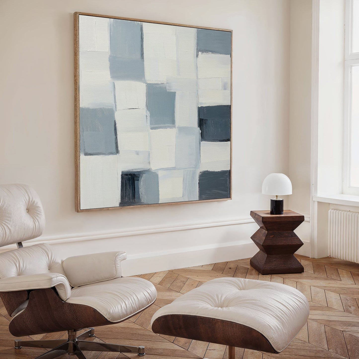 Abstract Oil Painting in Soft Blue and White Geometric Design for Modern Decor