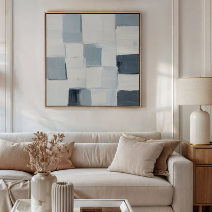 Abstract Oil Painting in Soft Blue and White Geometric Design for Modern Decor