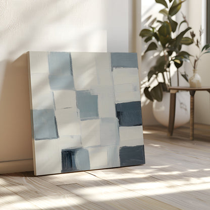 Abstract Oil Painting in Soft Blue and White Geometric Design for Modern Decor