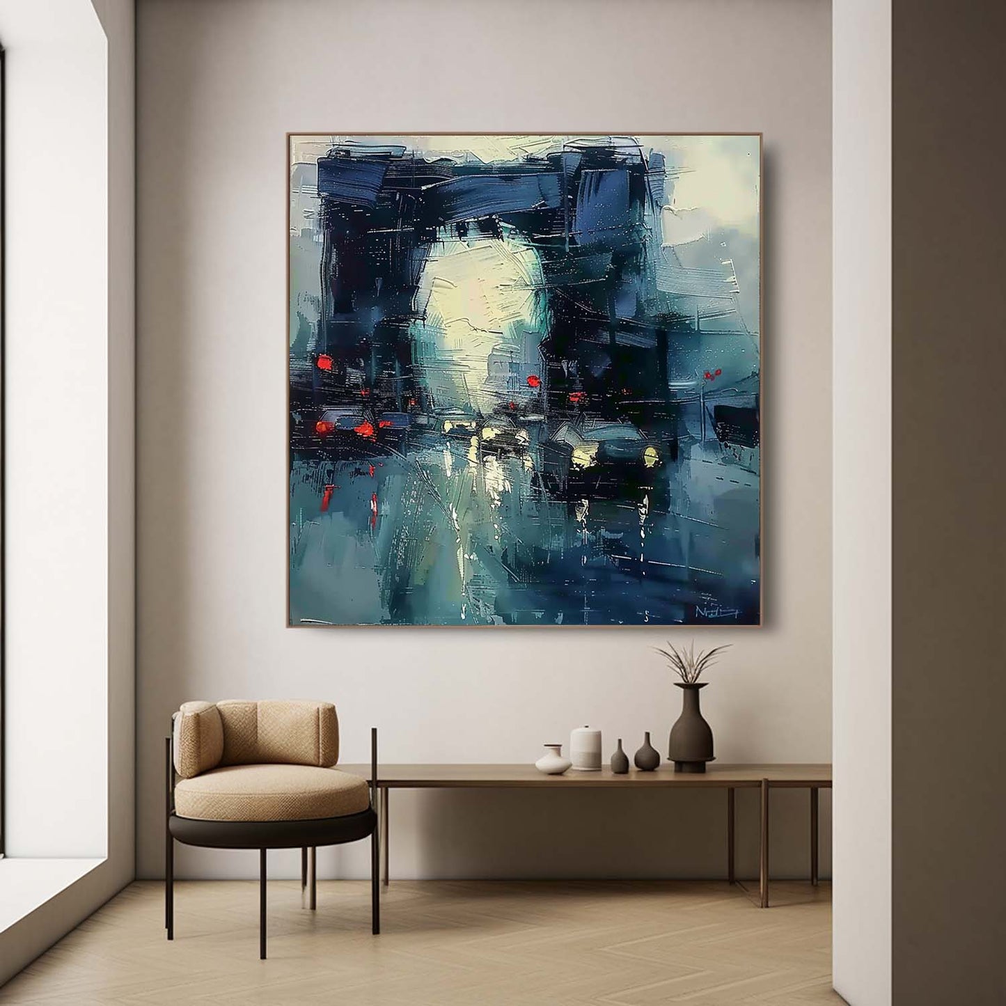 Vibrant City Lights Oil Painting – Modern Abstract Artwork for Home Decor