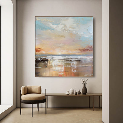 Serene Coastal Landscape Oil Painting with Soft Pastel Hues for Home Decor