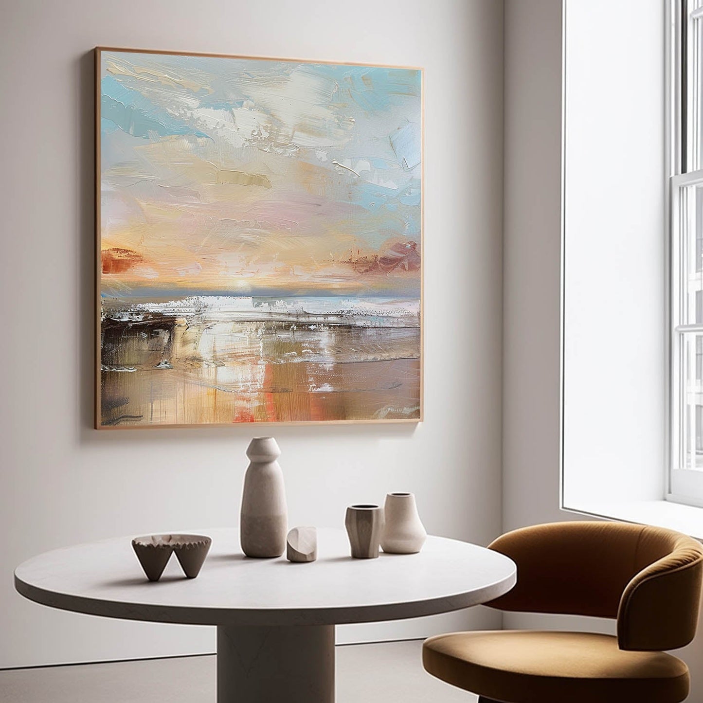 Serene Coastal Landscape Oil Painting with Soft Pastel Hues for Home Decor