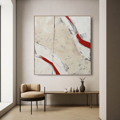 Abstract Red and White Minimalist Oil Painting for Contemporary Home Decor