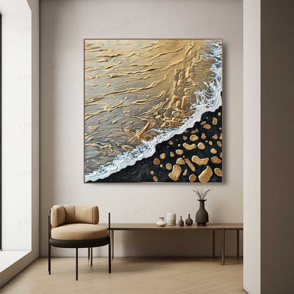 Golden Beach Waves Abstract Oil Painting with Textured Details