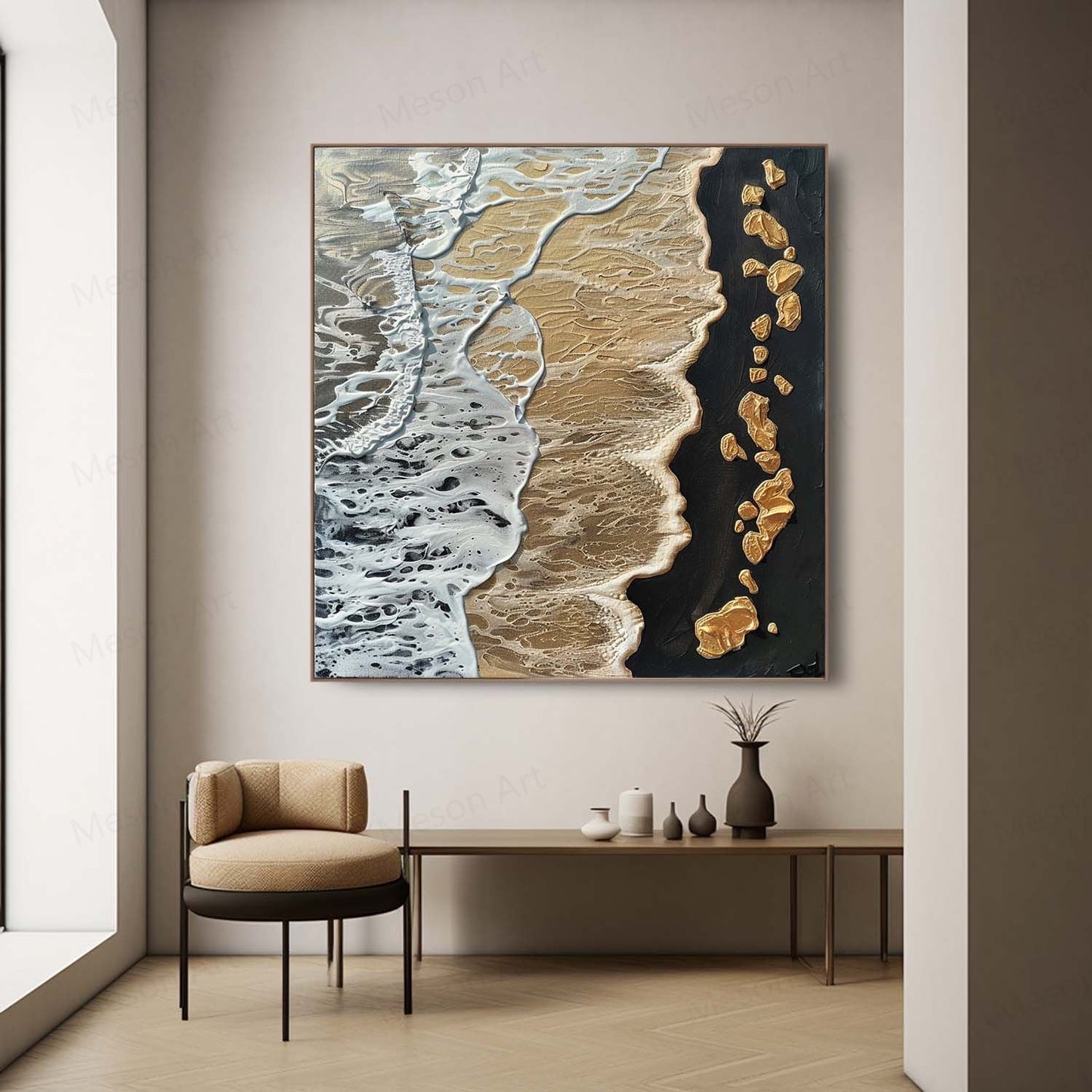 Textured Coastal Waves Oil Painting with Golden Accents for Modern Decor