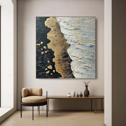 Textured Coastal Abstract Oil Painting with Gold and White Accents