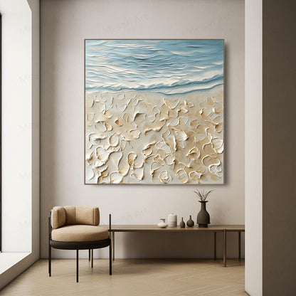 Textured Seascape Oil Painting with Coastal Elements and Soft Blue Tones