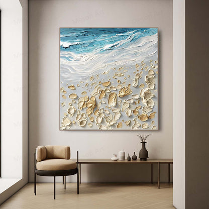 Textured Coastal Scene Oil Painting with Beach and Waves