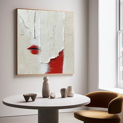 Abstract Minimalist Oil Painting with Bold Red Accent and Textured White Surface