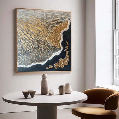 Textured Abstract Oil Painting of Waves and Shoreline in Gold and Black Tones
