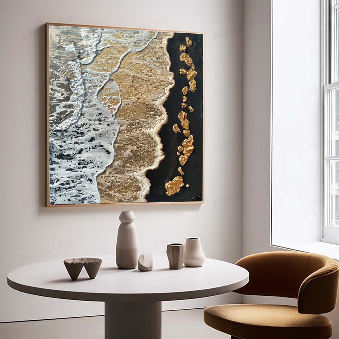 Textured Coastal Waves Oil Painting with Golden Accents for Modern Decor