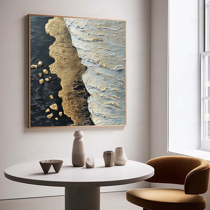 Textured Coastal Abstract Oil Painting with Gold and White Accents