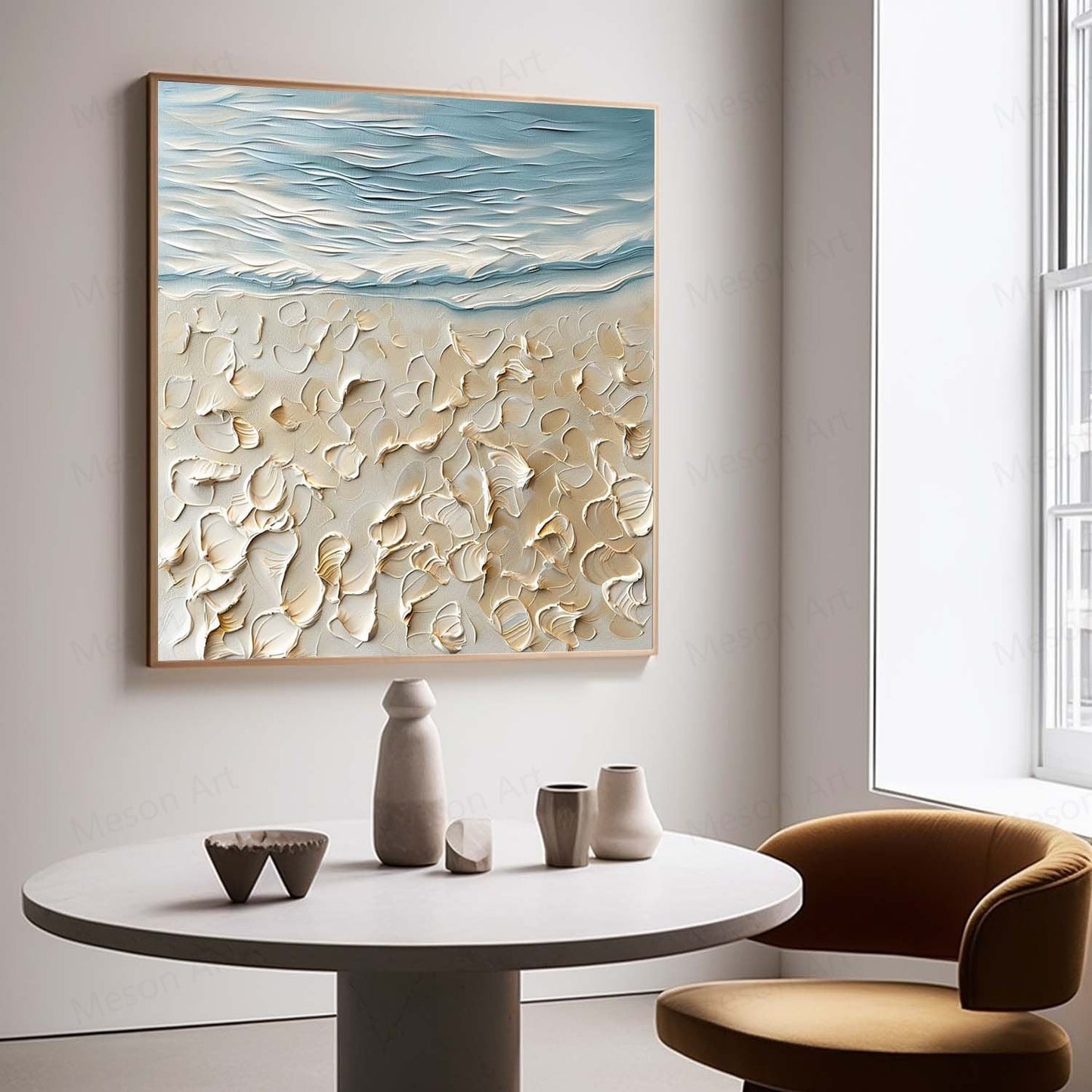 Textured Seascape Oil Painting with Coastal Elements and Soft Blue Tones