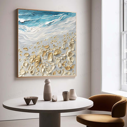 Textured Coastal Scene Oil Painting with Beach and Waves