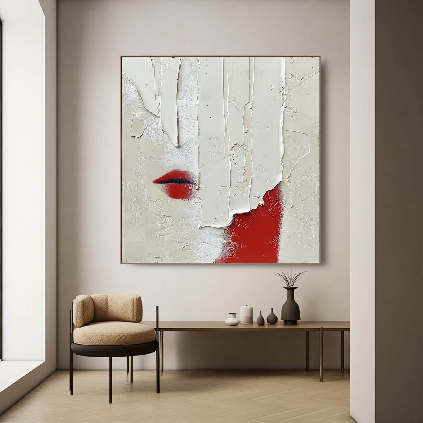 Abstract Minimalist Oil Painting with Bold Red Accent and Textured White Surface