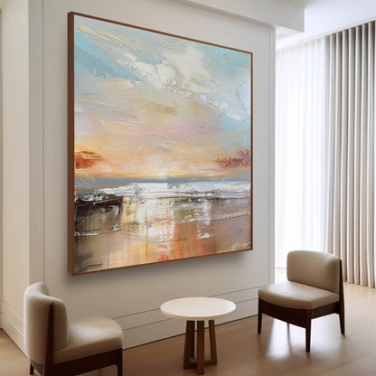 Serene Coastal Landscape Oil Painting with Soft Pastel Hues for Home Decor