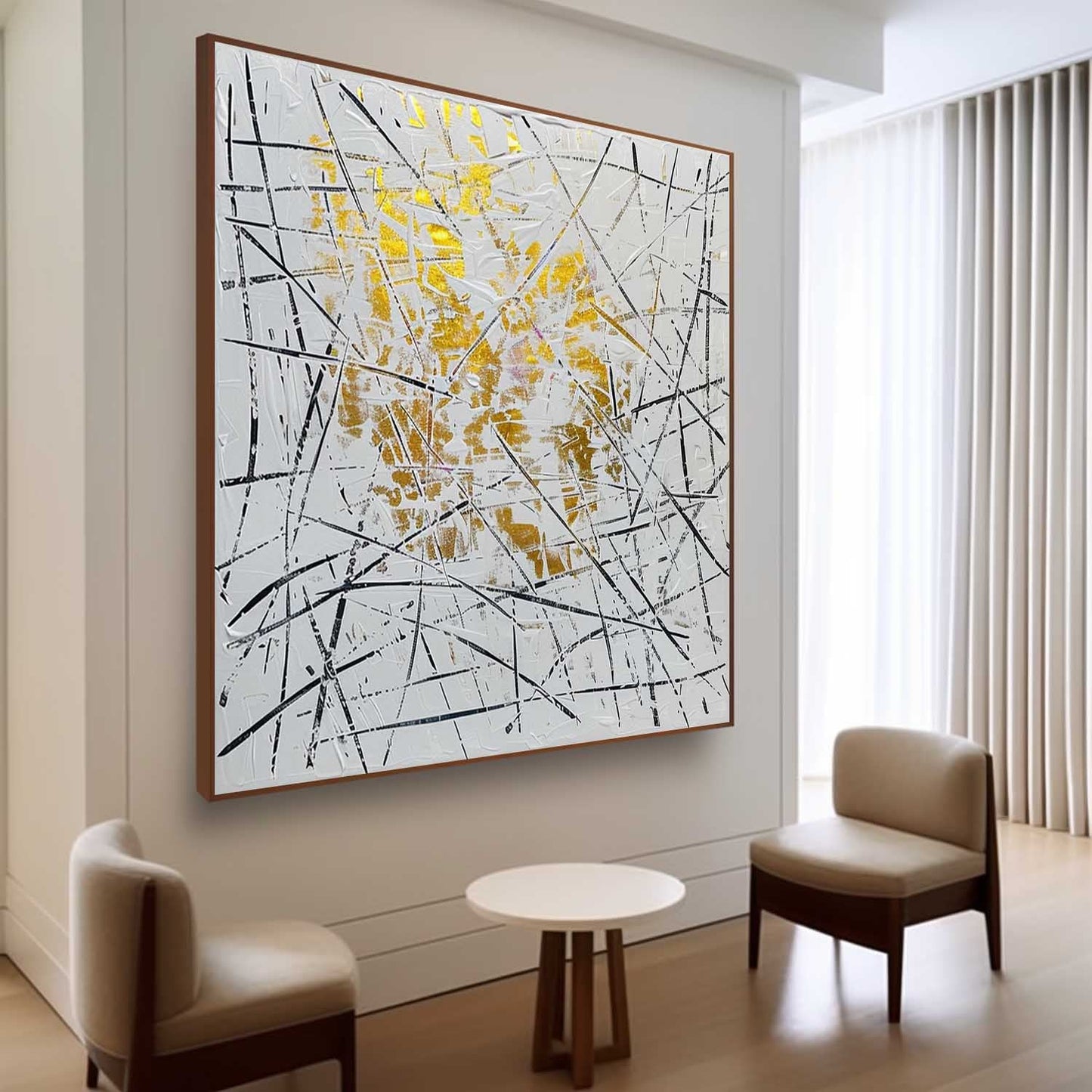 Stunning Gold-Accent Abstract Expressionist Oil Painting for Modern Decor