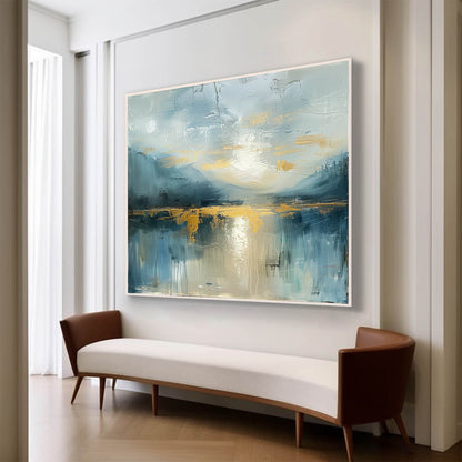 Serene Blue Landscape Oil Painting with Glimmering Gold Accents for Modern Decor