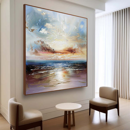 Serene Coastal Sunset Oil Painting for Elegant Home Decor