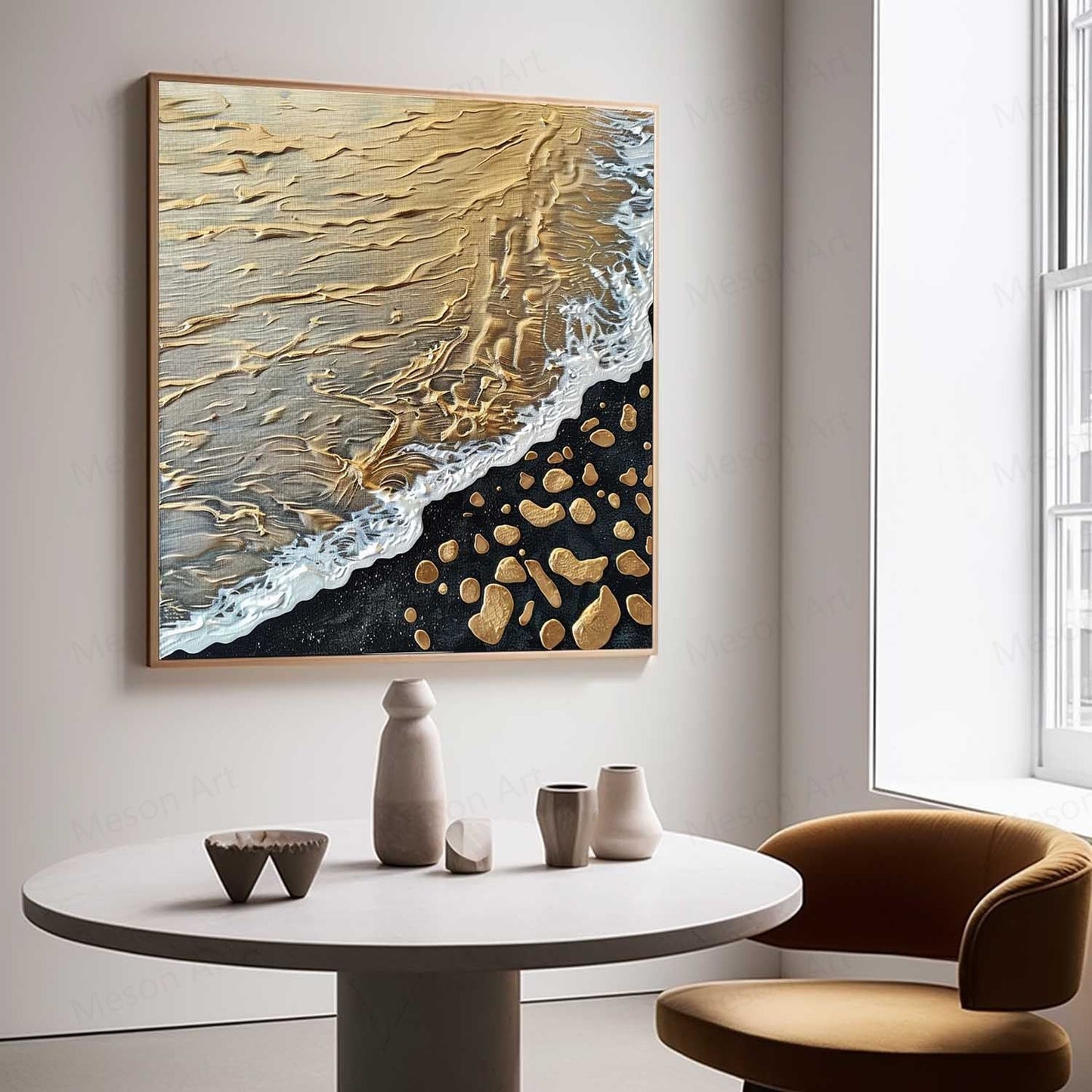Golden Beach Waves Abstract Oil Painting with Textured Details