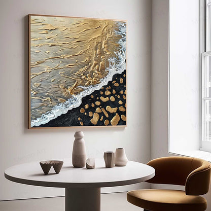 Golden Beach Waves Abstract Oil Painting with Textured Details