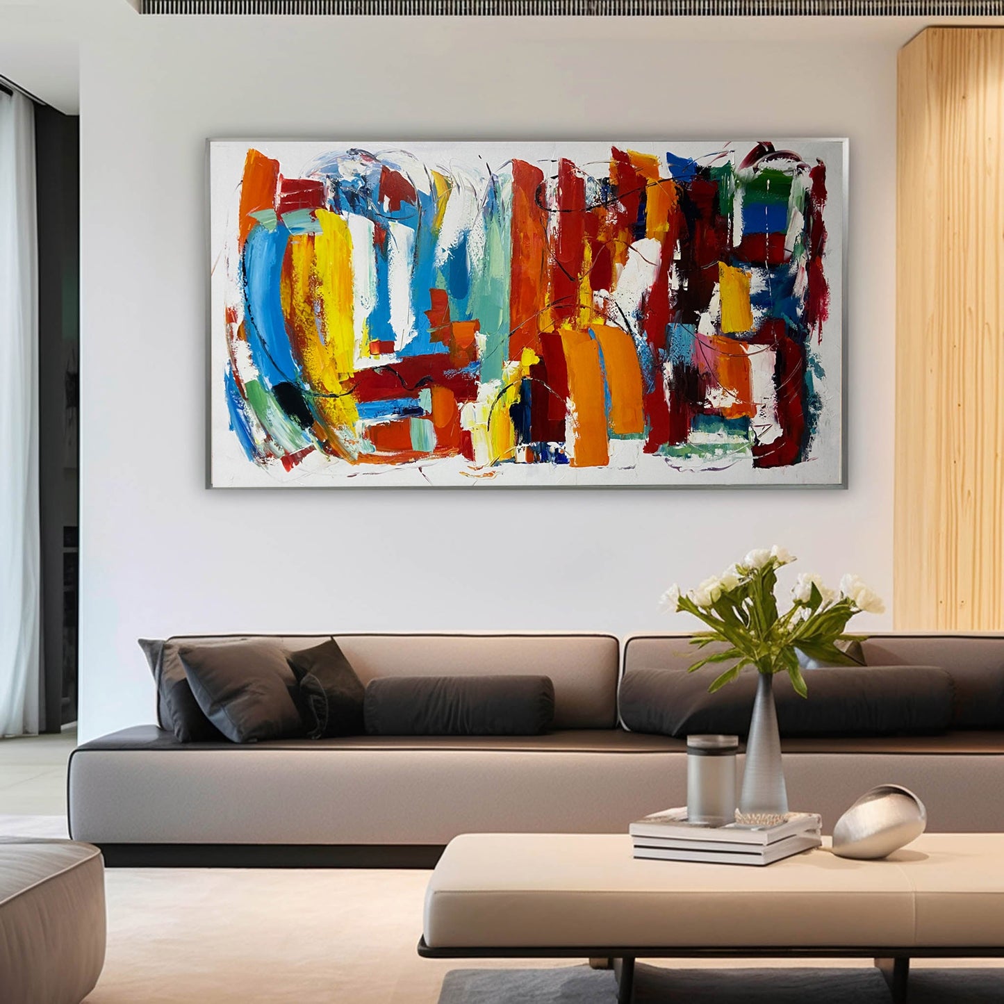 Vibrant Abstract Oil Painting with Bold Colors and Dynamic Brushstrokes for Home Decor