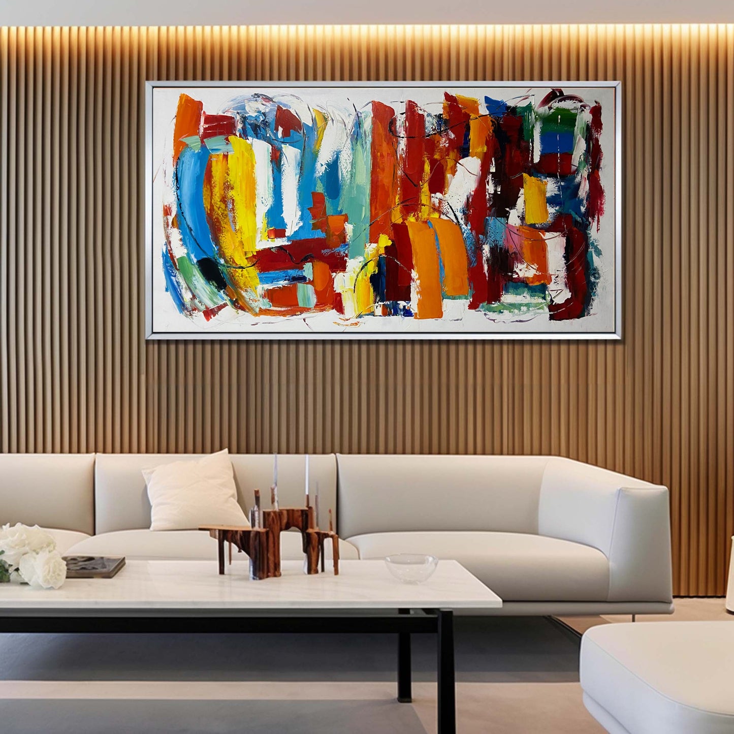 Vibrant Abstract Oil Painting with Bold Colors and Dynamic Brushstrokes for Home Decor